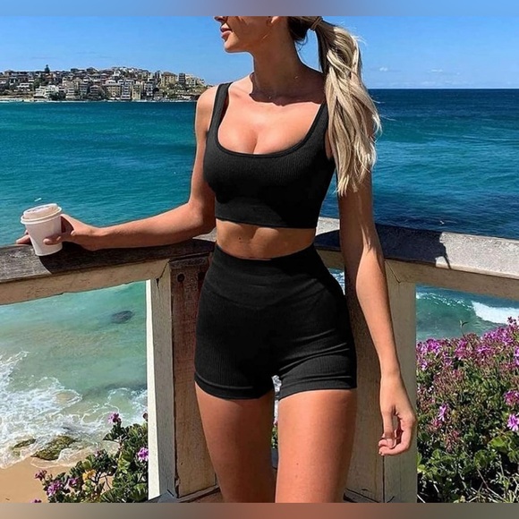 Women's Workout Sets Ribbed Tank 2 Piece Seamless High Waist Gym Outfit - Picture 5 of 5